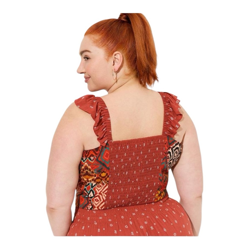 Torrid Challis Smocked Ruffle Trim Crop with Pull On Wide Leg Smocked Waist pant - Picture 3 of 6